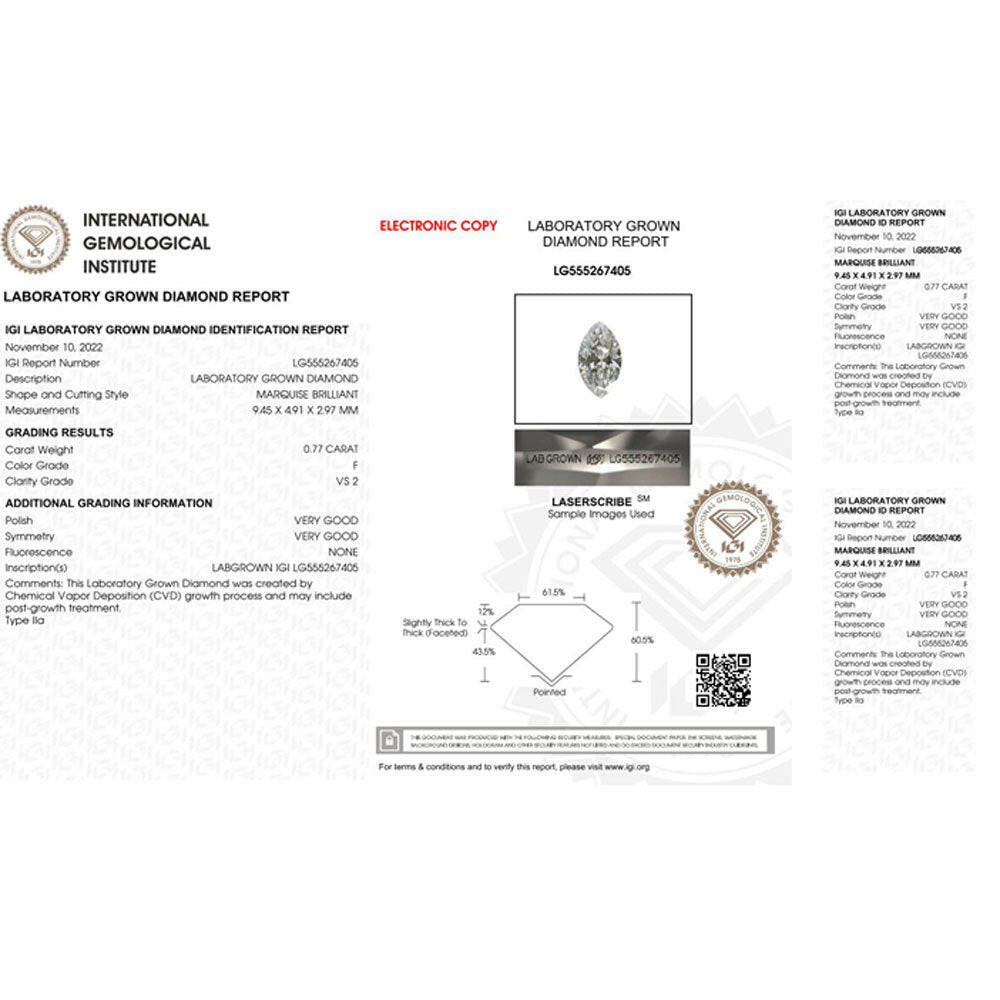 0.77 carat Lab Grown Diamond in Marquise Shape.