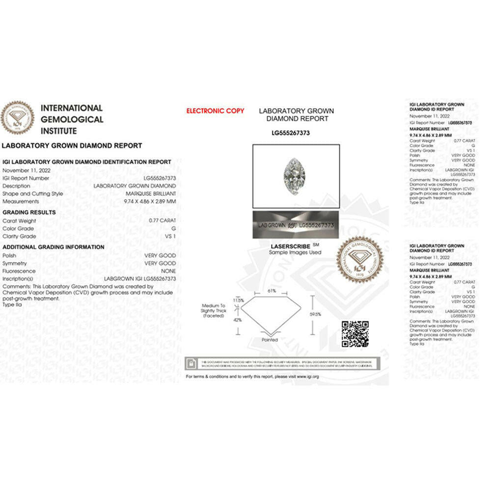 0.77 carat Lab Grown Diamond in Marquise Shape.