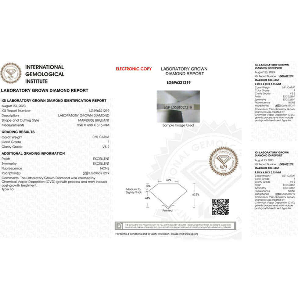 0.91 carat Marquise Shape Lab Grown Diamond.