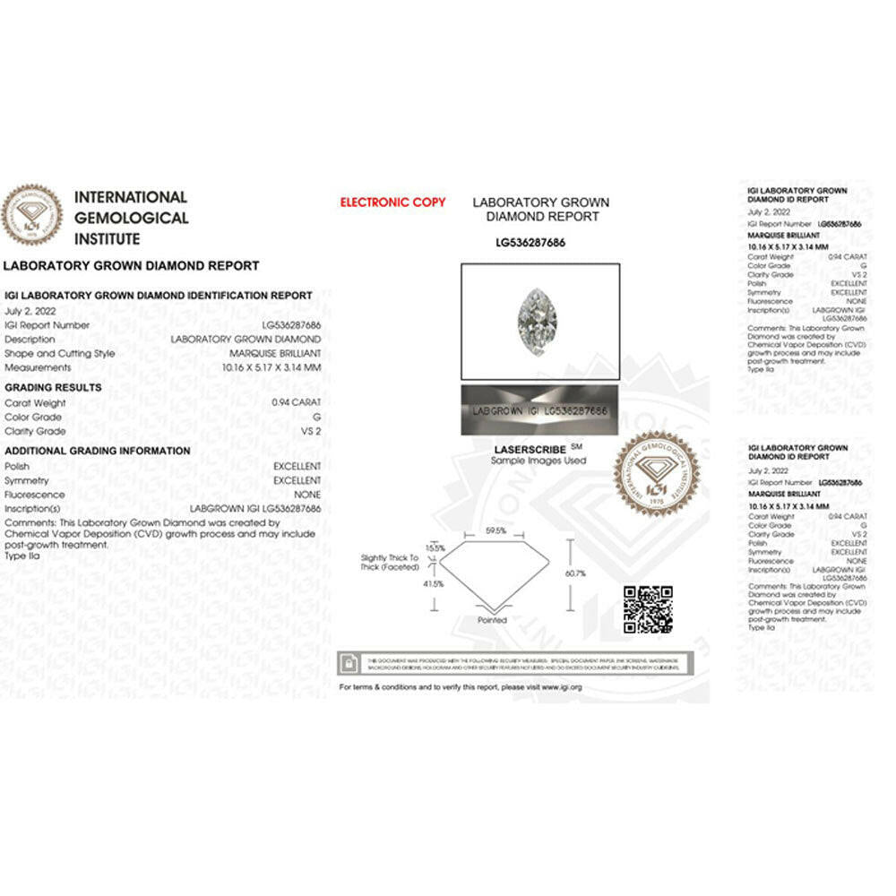 0.94 carat Marquise Shape Lab grown Diamond.