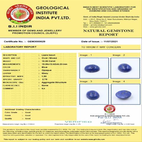10 Carat 1.25 Ratti Natural GII Certified Africa Oval shape Blue Lapis lazuli Gemstone.