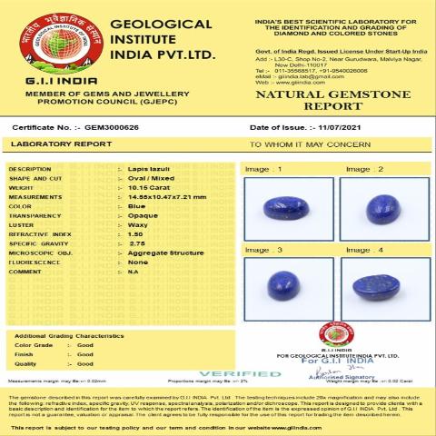 10.15 Carat 11.25 Ratti Natural GII Certified Africa Oval shape Blue Lapis lazuli Gemstone.