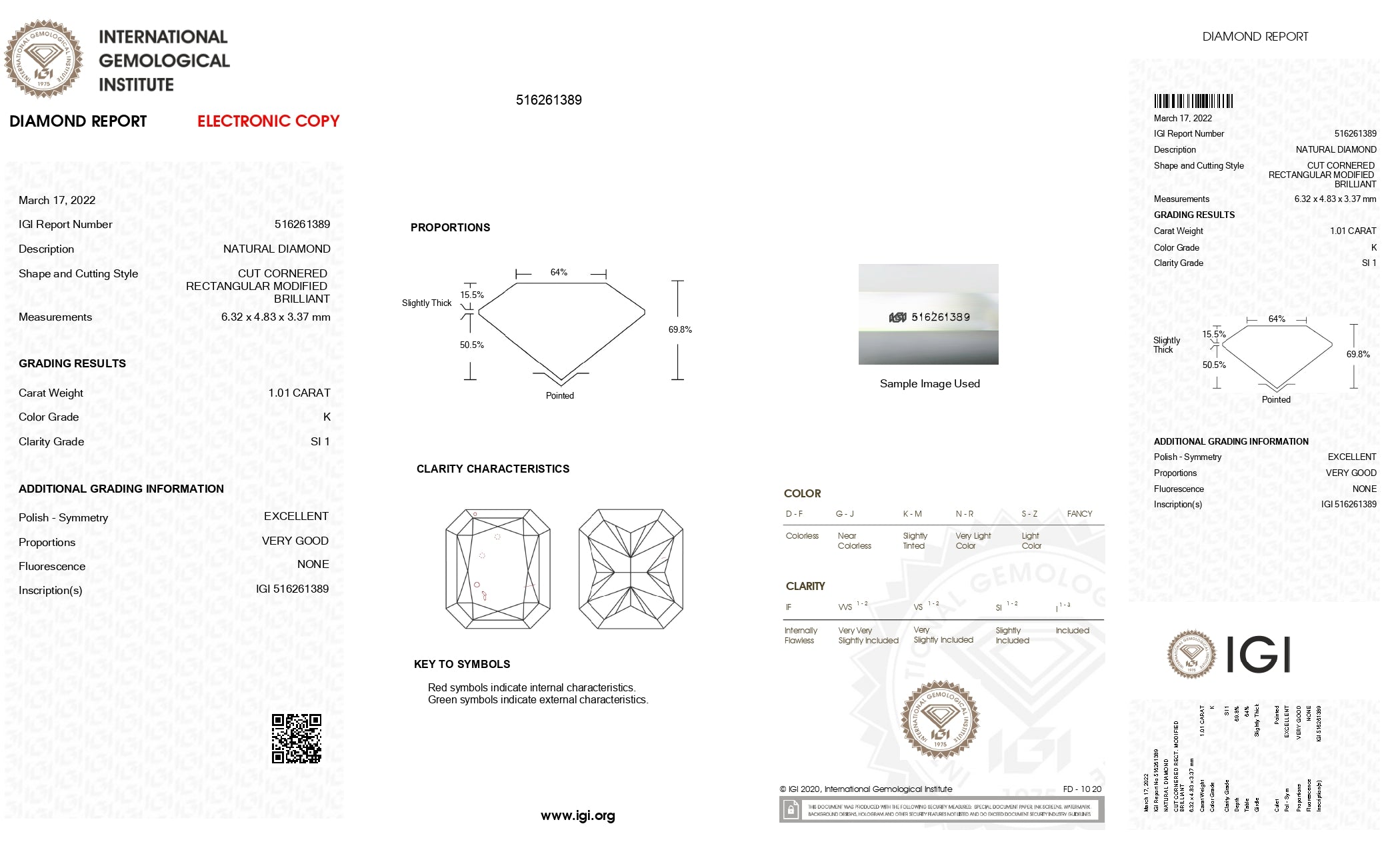 1.01ct Radiant Brilliant Cut SI1 Clarity K Color Natural Diamond.