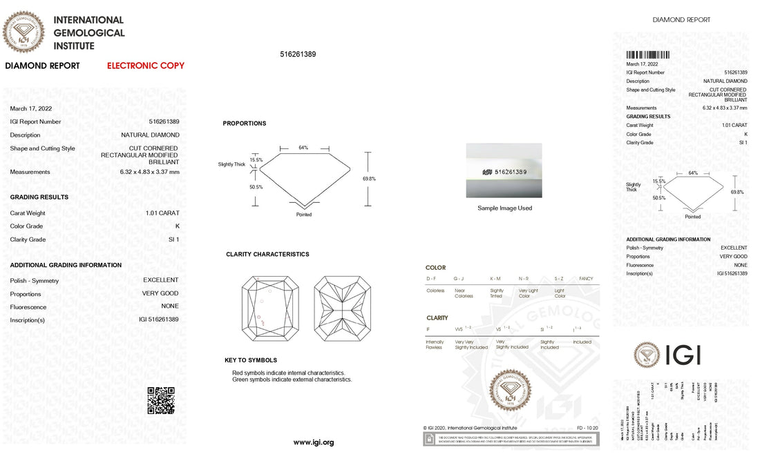 1.01ct Radiant Brilliant Cut SI1 Clarity K Color Natural Diamond.