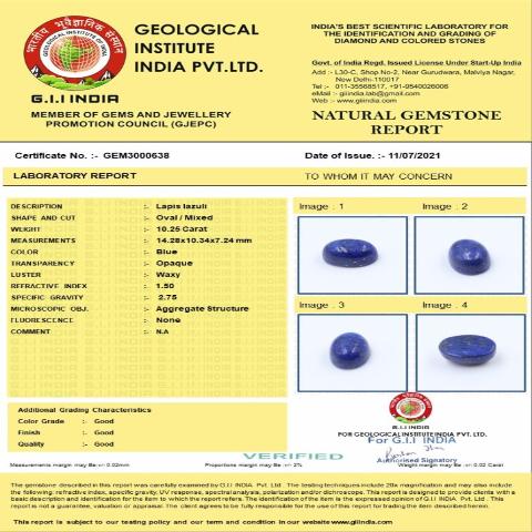 10.25 Carat 11.28 Ratti Natural GII Certified Africa Oval shape Blue Lapis lazuli Gemstone.