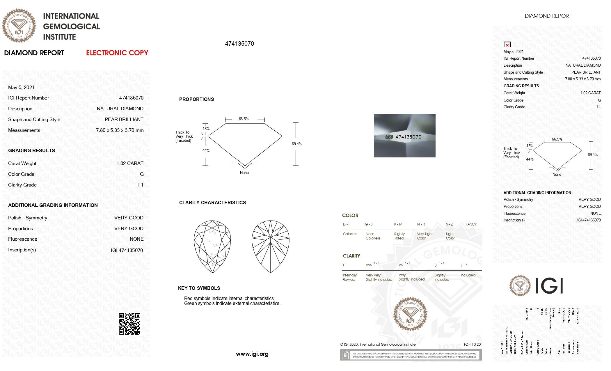 1.02ct Pear Brilliant Cut I1 Clarity G Color Natural Diamond.