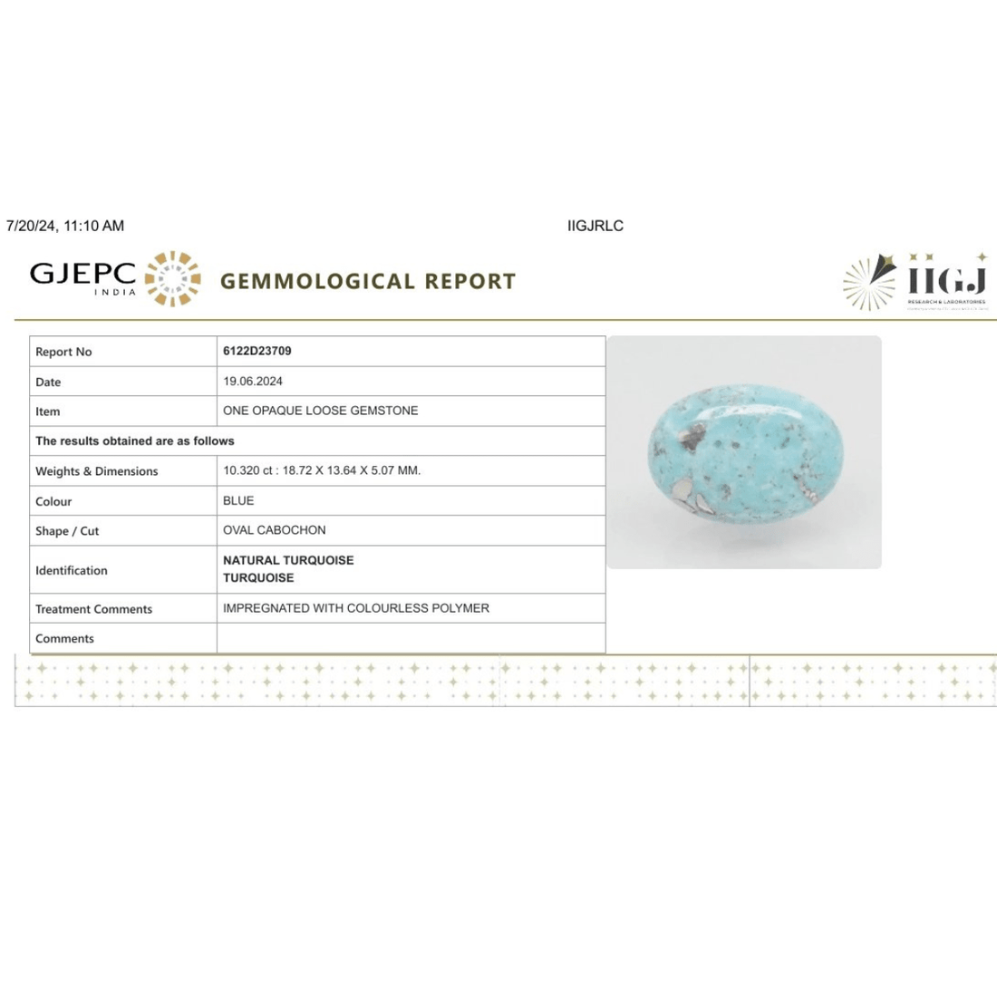 10.32 carat 11.35 ratti IGI-GTL certified AAA+ Quality Blue with golden Bisbee oval Turquoise (Firoza) Stone.