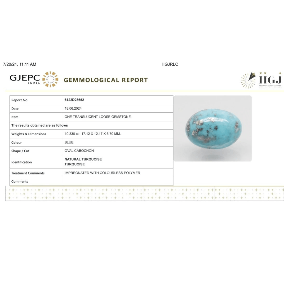 10.33 carat 11.36 ratti IGI-GTL certified AAA+ Quality Blue with golden Bisbee oval Turquoise (Firoza) Stone.