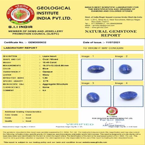 10.45 Carat 11.5 Ratti Natural GII Certified Africa Oval shape Blue Lapis lazuli Gemstone.
