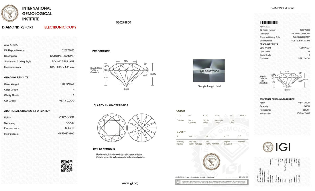 1.04ct Round Brilliant Cut I1 Clarity H Color Natural Diamond.
