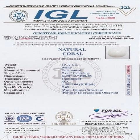 10.72 carat 12 ratti IGL certified natural Japanese oval shape white coral stone.