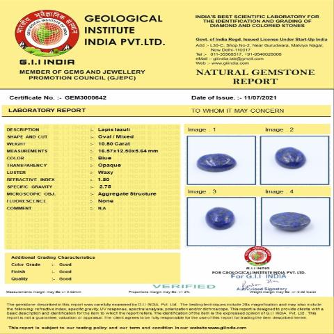 10.8 Carat 12 Ratti Natural GII Certified Africa Oval shape Blue Lapis lazuli Gemstone.