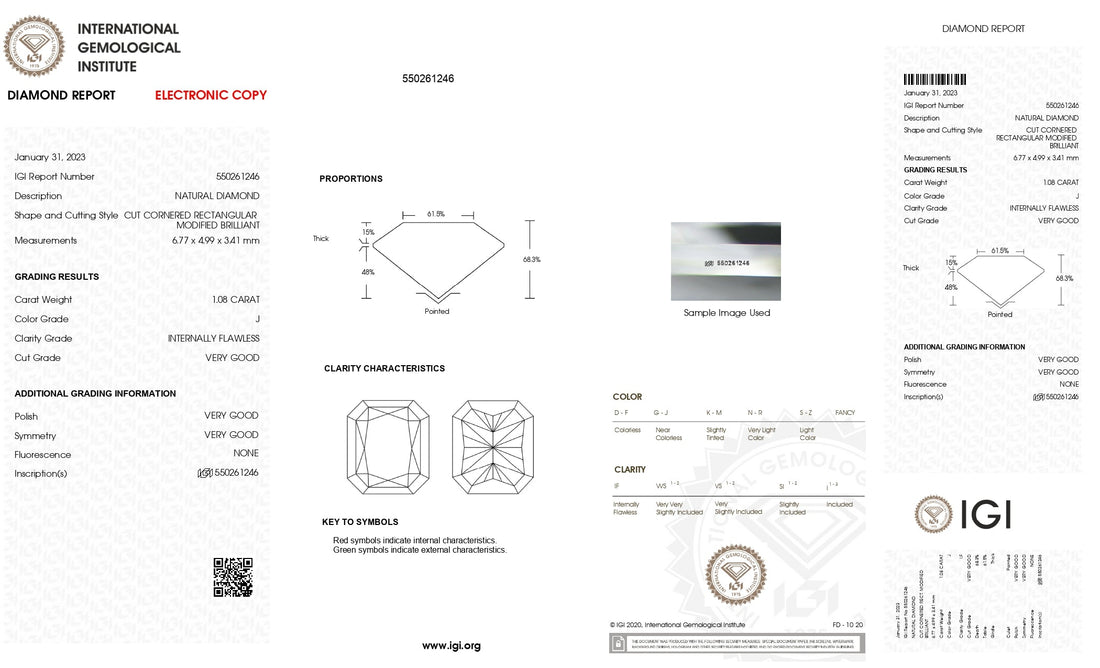 1.08ct Radiant Brilliant Cut IF Clarity J Color Natural Diamond.