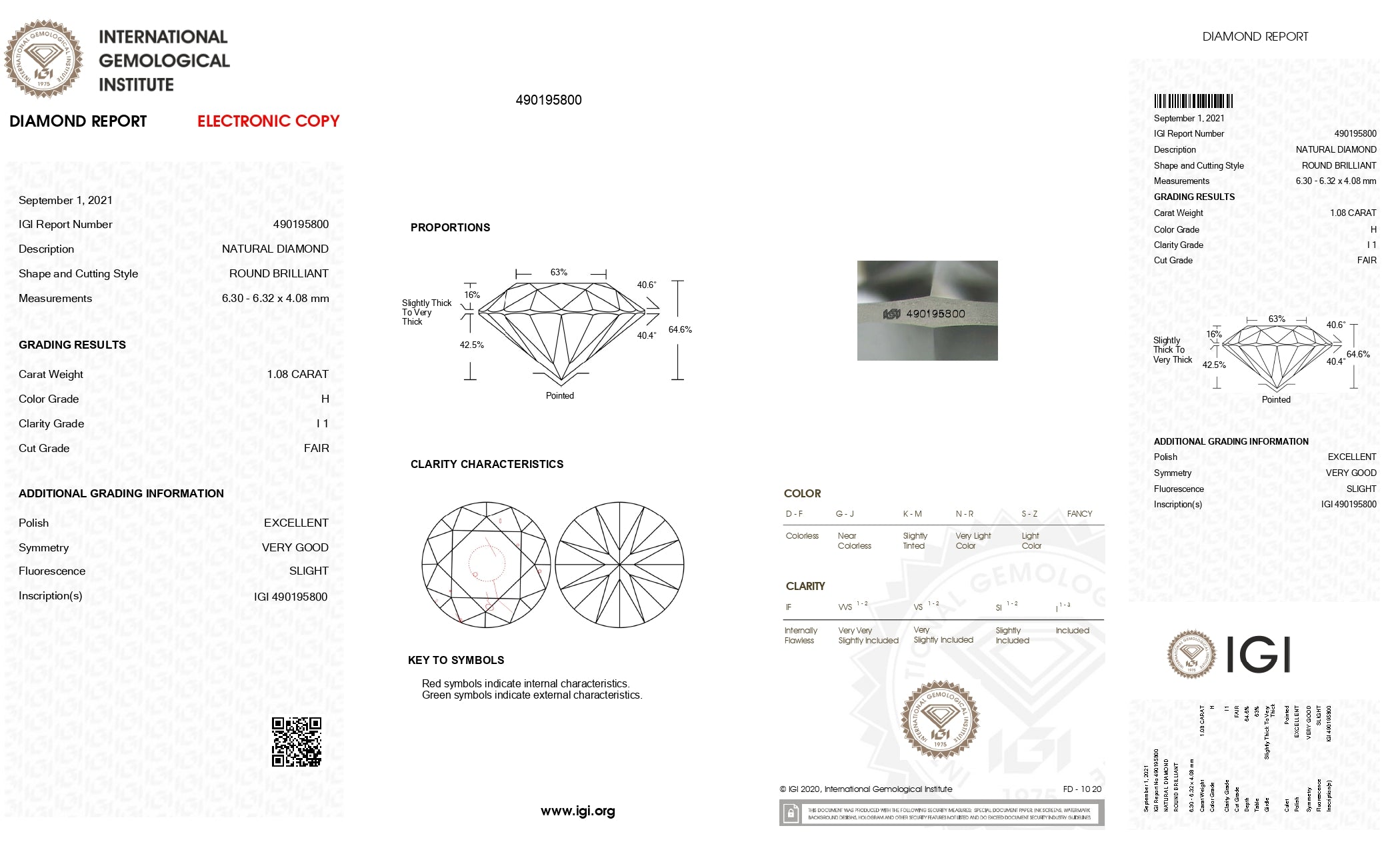 1.08ct Round Brilliant Cut I1 Clarity H Color Natural Diamond.