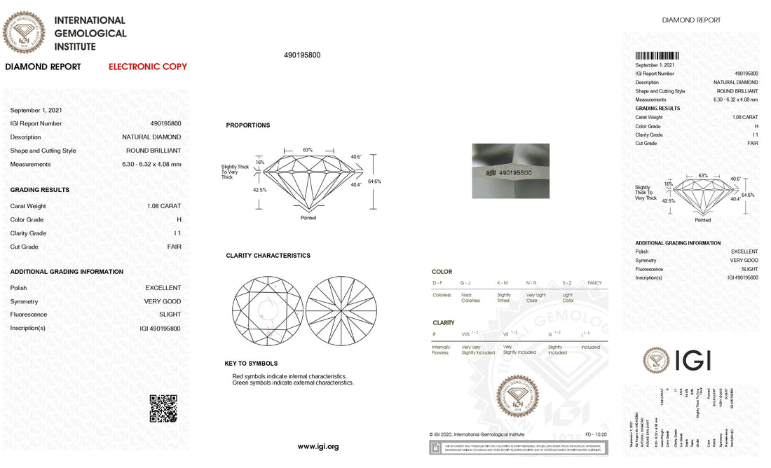 1.08ct Round Brilliant Cut I1 Clarity H Color Natural Diamond.