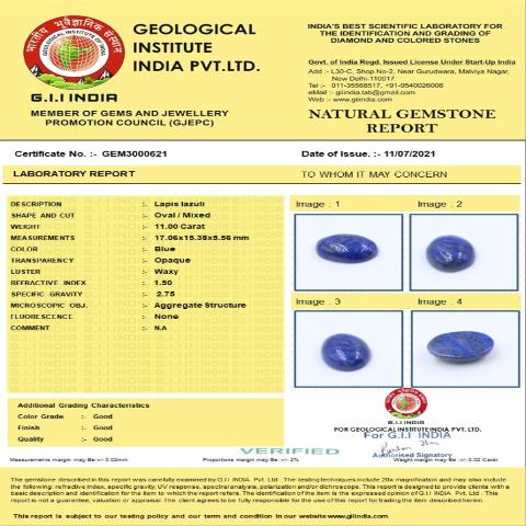 11 Carat 12.25 Ratti Natural GII Certified Africa Oval shape Blue Lapis lazuli Gemstone.