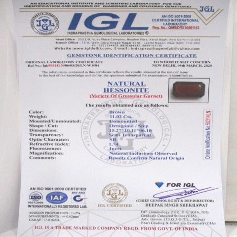 11.02 Carat 12.25 Ratti IGL Certified Natural Ceylon (Sri Lanka) Octogonal shape Hessonite (Gomed) Gemstone.