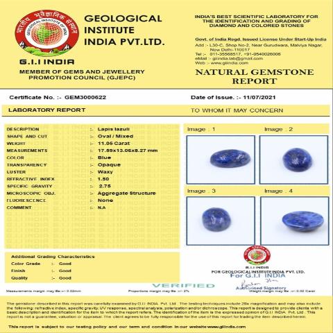 11.05 Carat 12.25 Ratti Natural GII Certified Africa Oval shape Blue Lapis lazuli Gemstone.