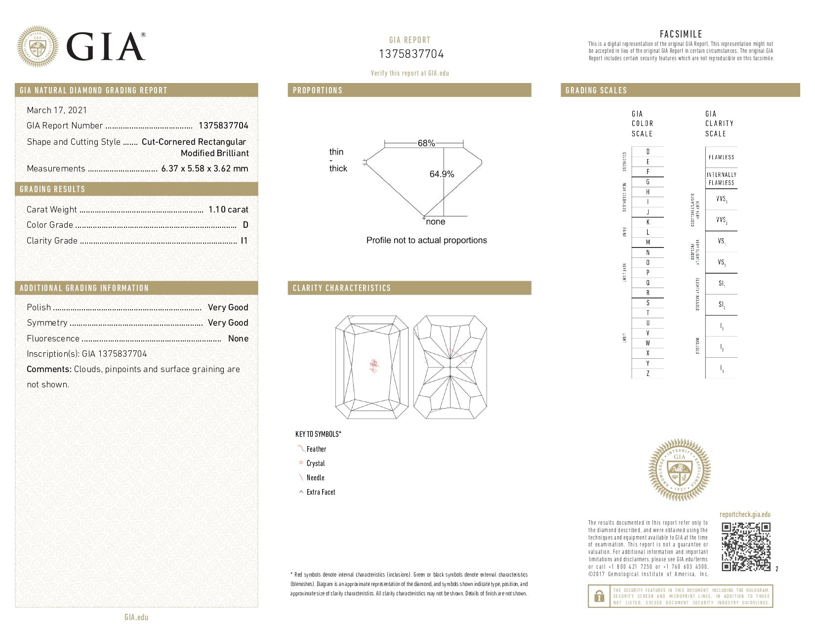 1.10ct Radiant Brilliant Cut I1 Clarity D Color Natural Diamond.