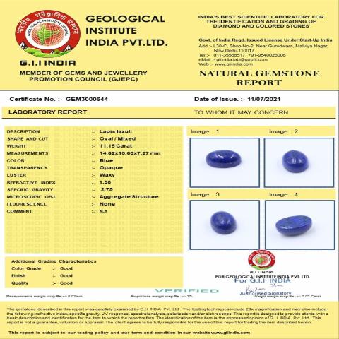 11.15 Carat 12.27 Ratti Natural GII Certified Africa Oval shape Blue Lapis lazuli Gemstone.