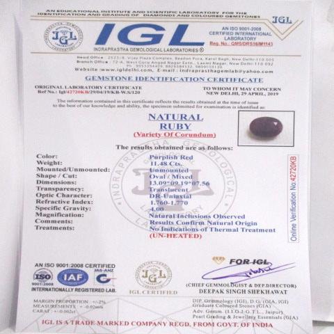 11.48 Carat 12.63 Ratti Natural IGL Certified Mozambique Oval shape Purplish-red Ruby Gemstone.