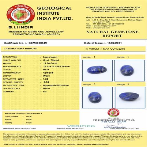 11.8 Carat 13 Ratti Natural GII Certified Africa Oval shape Blue Lapis lazuli Gemstone.