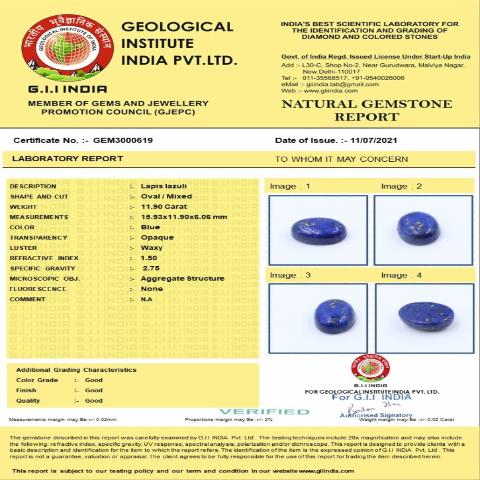 11.9 Carat 13.25 Ratti Natural GII Certified Africa Oval shape Blue Lapis lazuli Gemstone.
