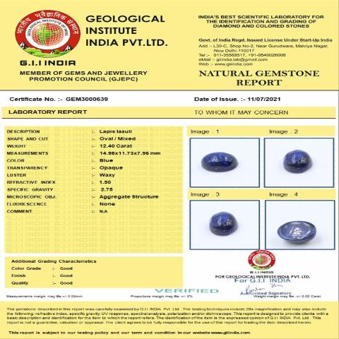 12.4 Carat 13.64 Ratti Natural GII Certified Africa Oval shape Blue Lapis lazuli Gemstone.