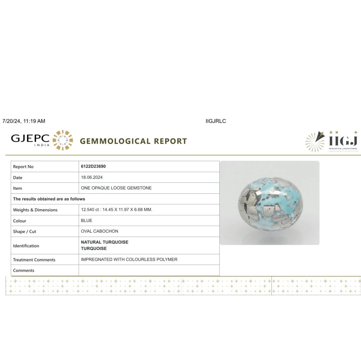 12.54 carat 14 ratti IGI-GTL certified AAA+ Quality Blue with golden Bisbee rectangular Turquoise (Firoza) Stone.