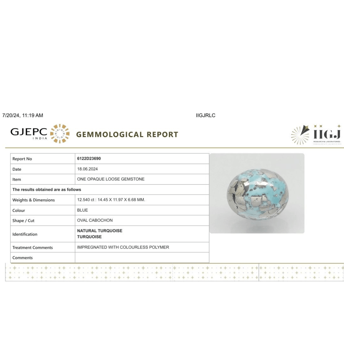 12.54 carat 14 ratti IGI-GTL certified AAA+ Quality Blue with golden Bisbee rectangular Turquoise (Firoza) Stone.