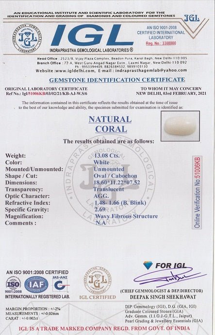 13.08 carat 14.39 ratti IGL certified natural Japanese oval shape white coral stone.