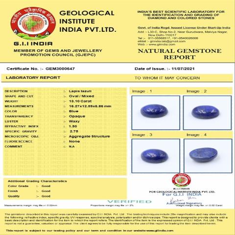 13.1 Carat 14.41 Ratti Natural GII Certified Africa Oval shape Blue Lapis lazuli Gemstone.
