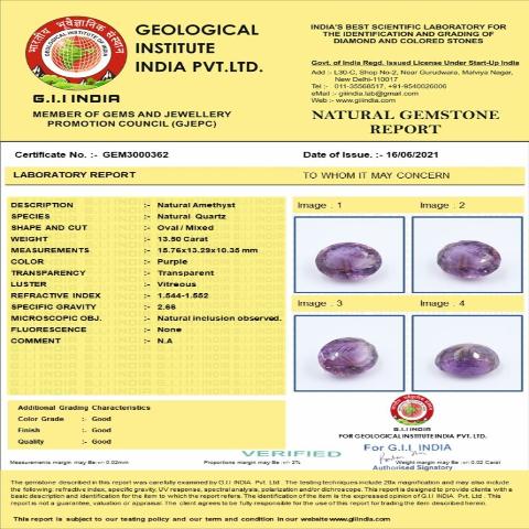 13.5 carat 15 ratti GII certified natural American Oval shape Amethyst stone.