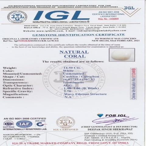 14.5 carat 16 ratti IGL certified natural Japanese cushion shape white coral stone.