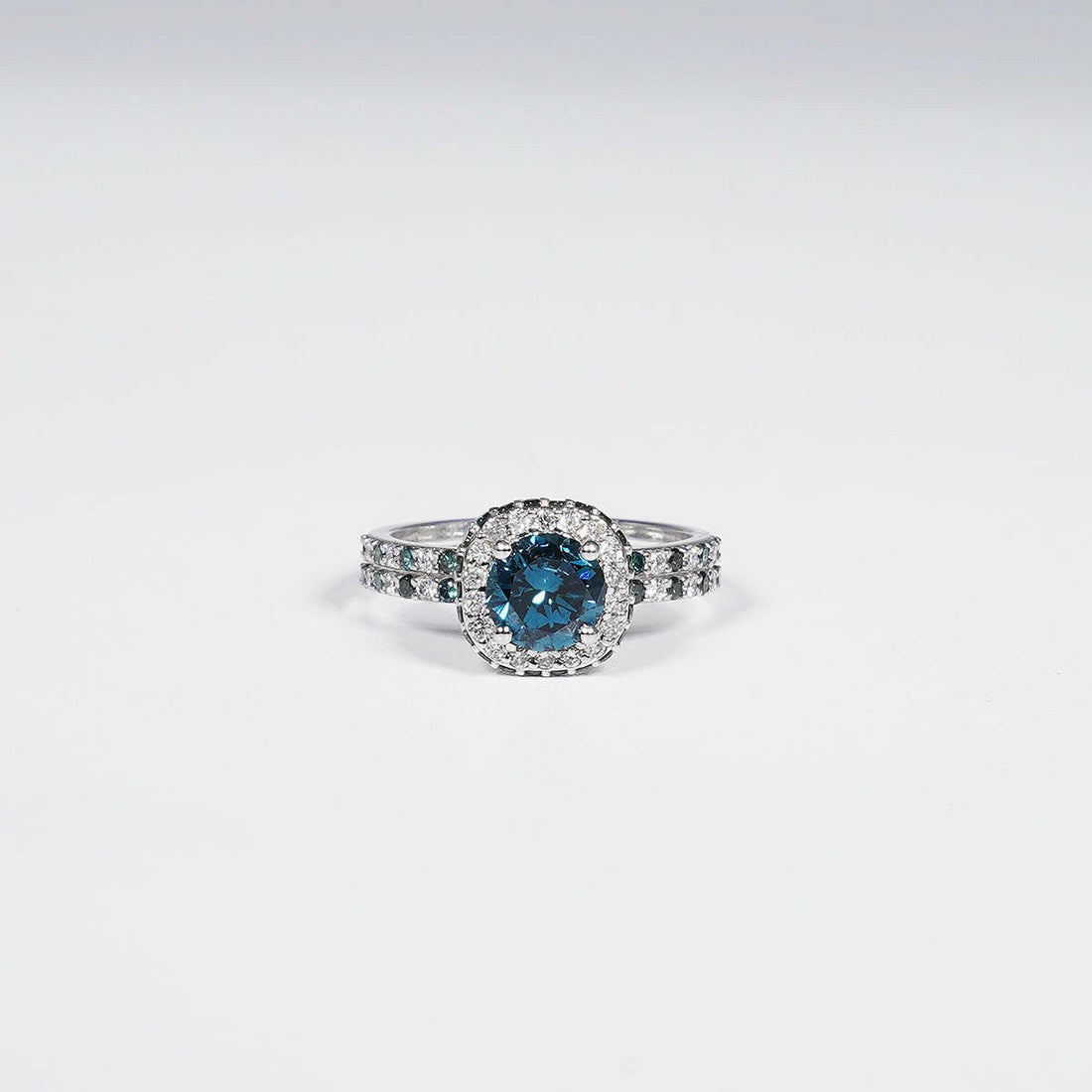 1.45 Carat Round Shape Vivid Blue Lab Grown Diamond Ring in 14K White Gold.