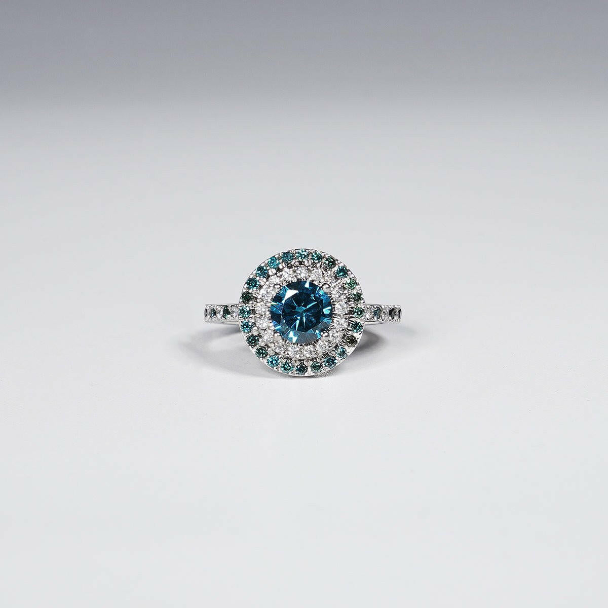 1.49 Carat Round Shape Vivid Blue Lab Grown Diamond Ring in 14K White Gold.