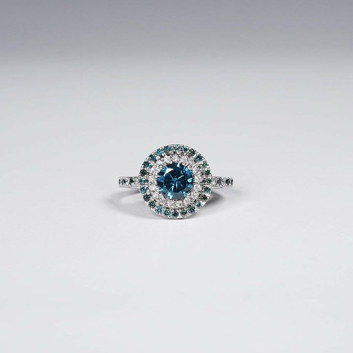 1.49 Carat Round Shape Vivid Blue Lab Grown Diamond Ring in 14K White Gold.