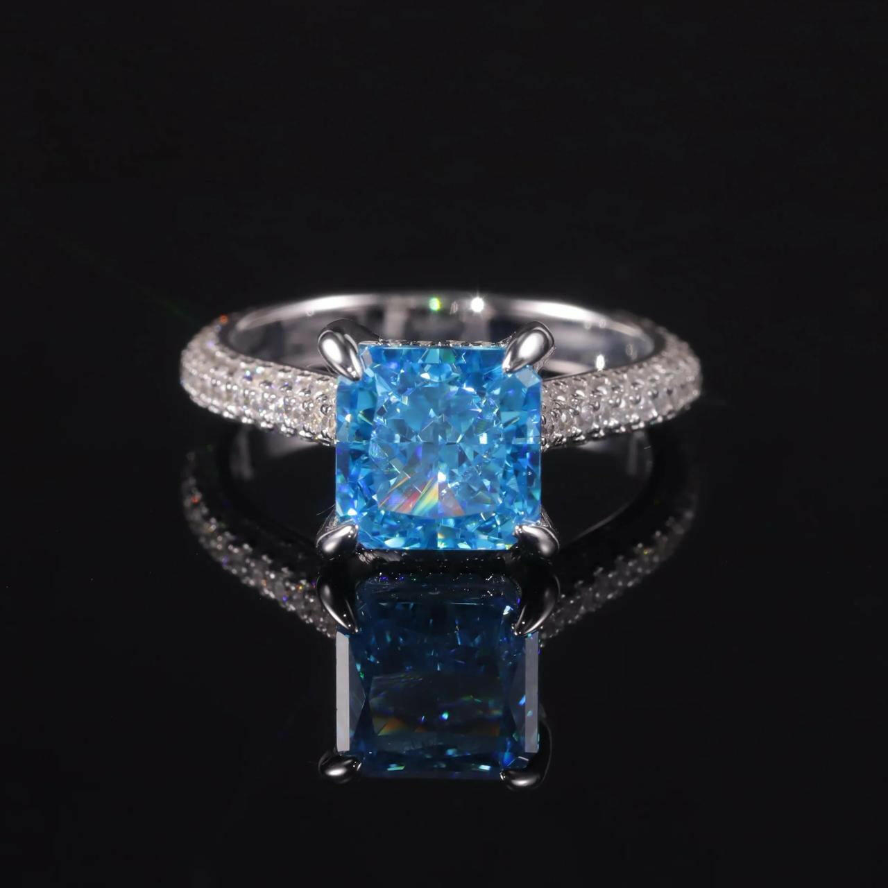 14k gold studded vivid blue square Radiant shape Diamond studded ring.