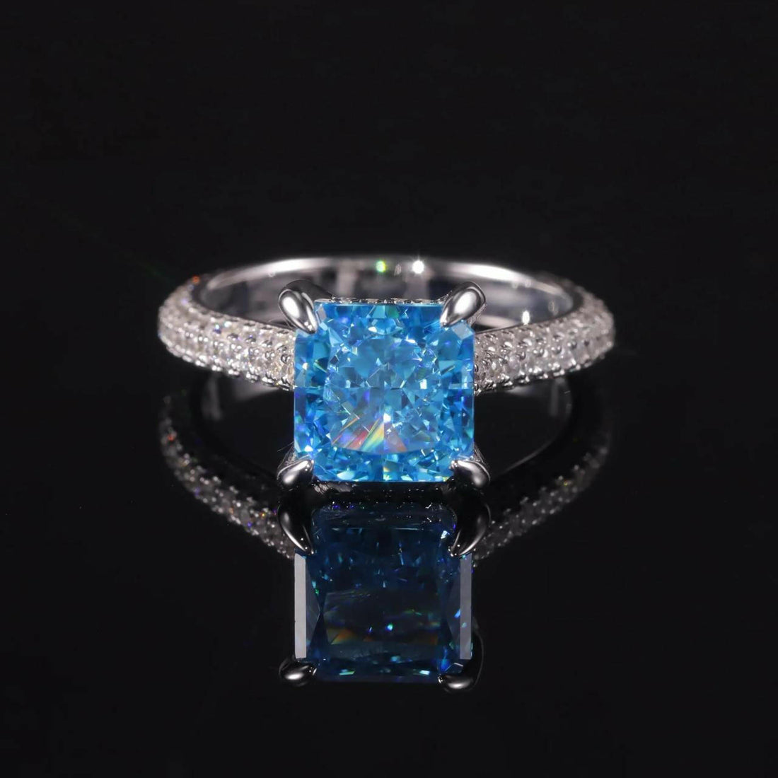 14k gold studded vivid blue square Radiant shape Diamond studded ring.