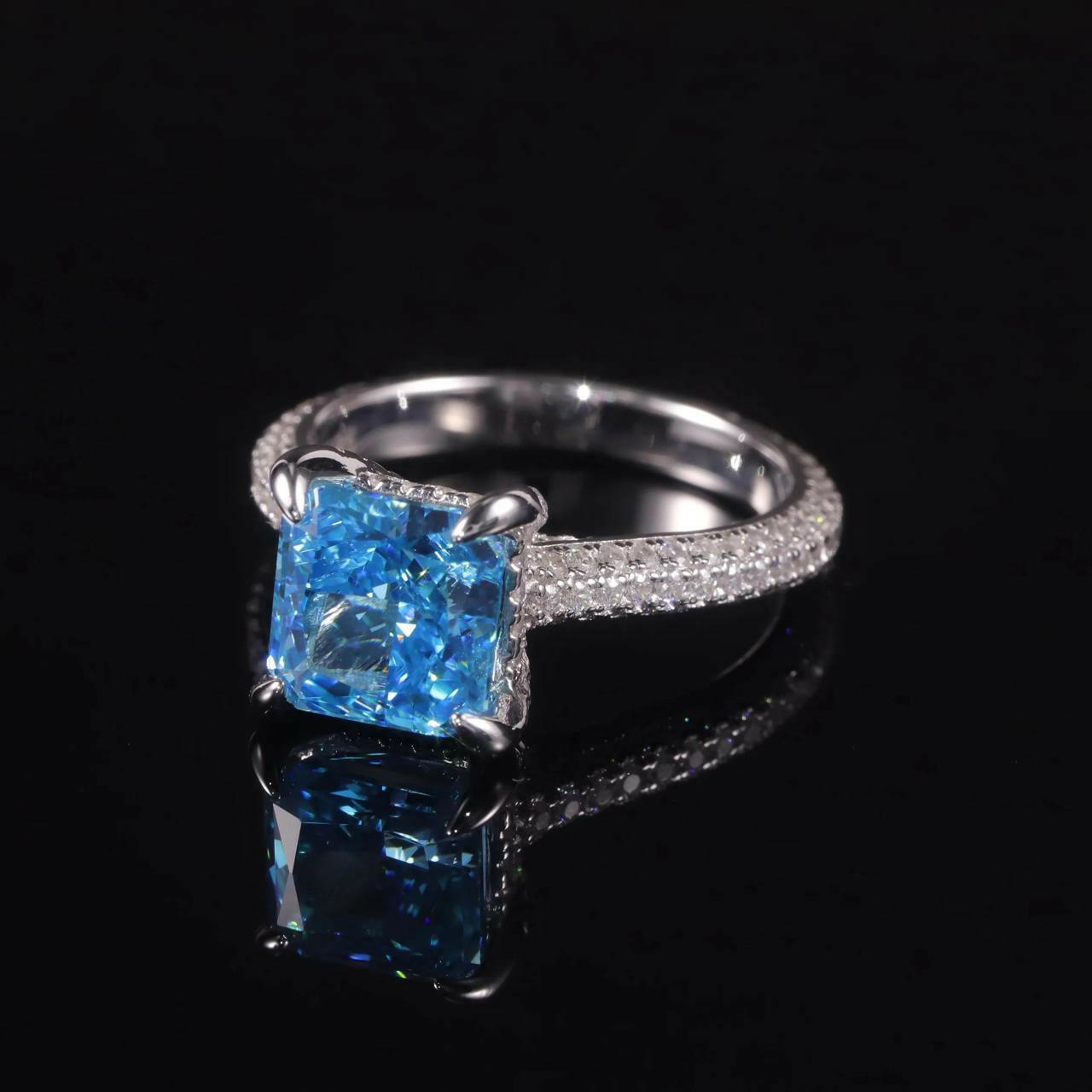 14k gold studded vivid blue square Radiant shape Diamond studded ring.