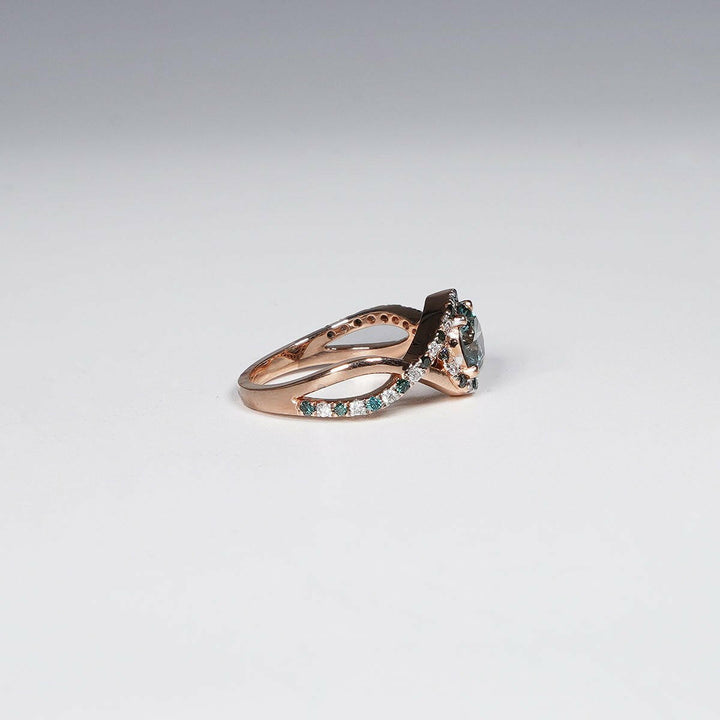 14K Rose Gold with 1.32 Carat Vivid Blue Round Cut Lab Grown Diamond Ring.