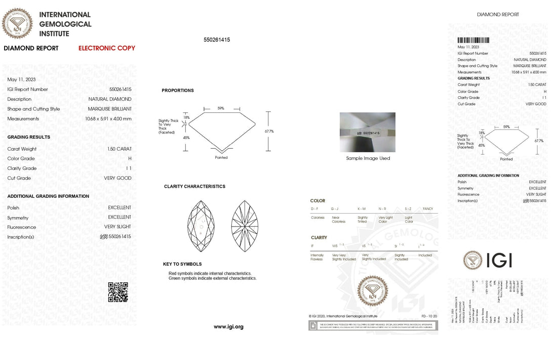1.50ct Marquise Brilliant Cut I1 Clarity H Color Natural Diamond.