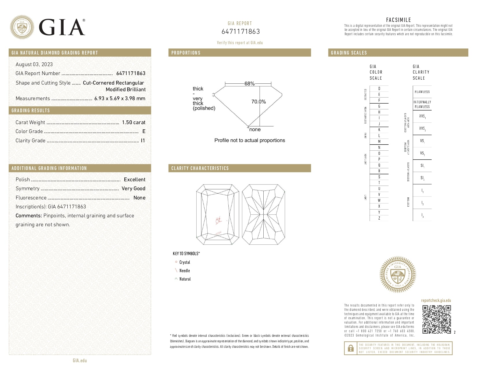 1.50ct Radiant Brilliant Cut I1 Clarity E Color Natural Diamond.