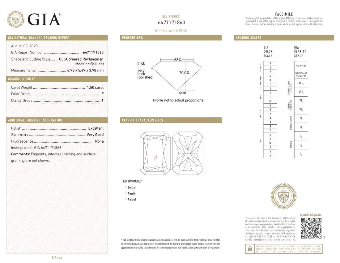 1.50ct Radiant Brilliant Cut I1 Clarity E Color Natural Diamond.