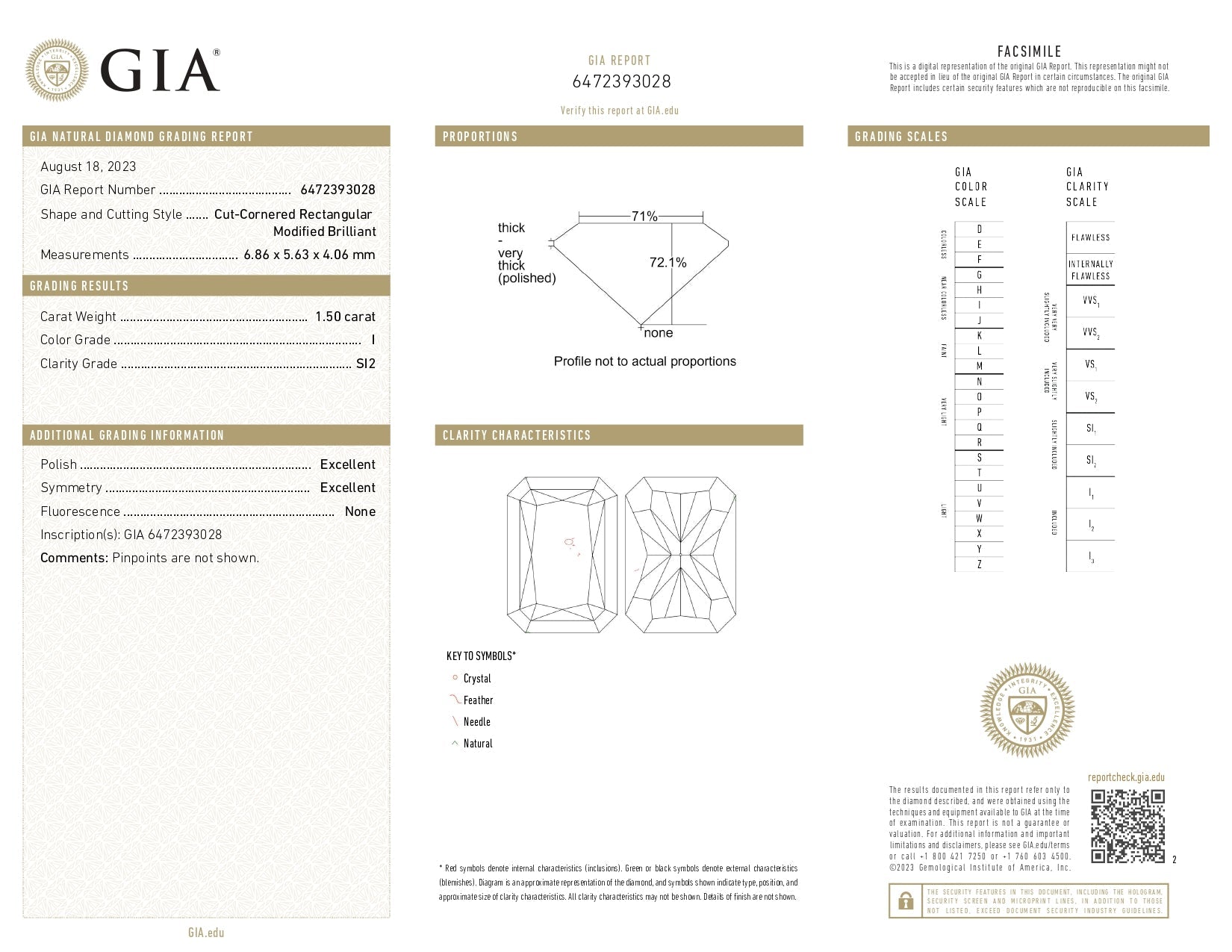 1.50ct Radiant Brilliant Cut SI2 Clarity I Color Natural Diamond.