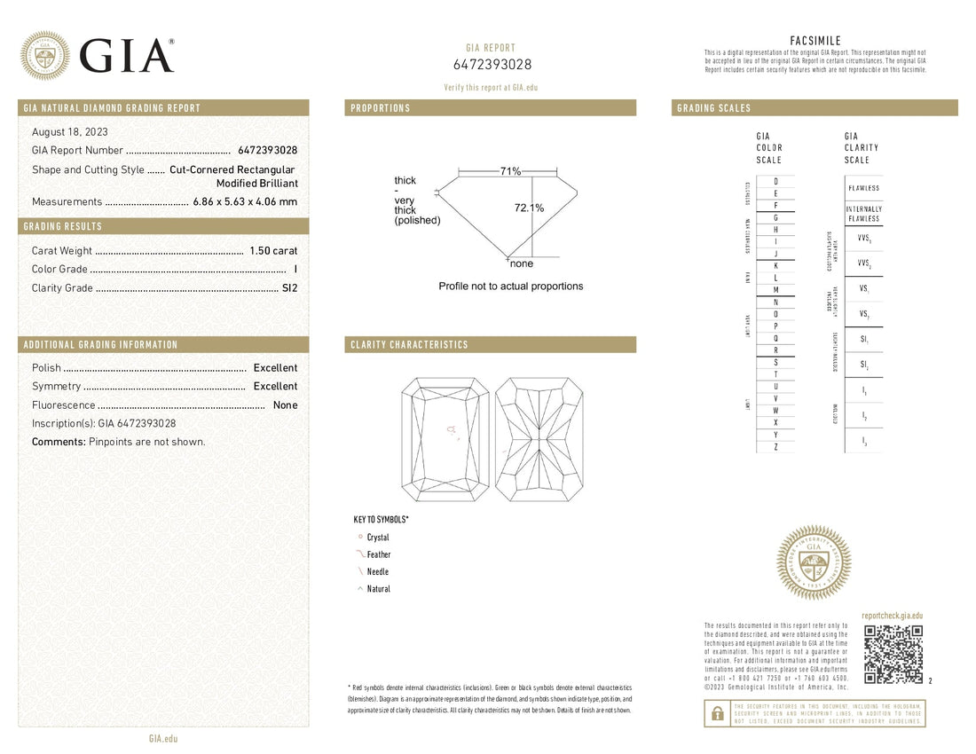 1.50ct Radiant Brilliant Cut SI2 Clarity I Color Natural Diamond.