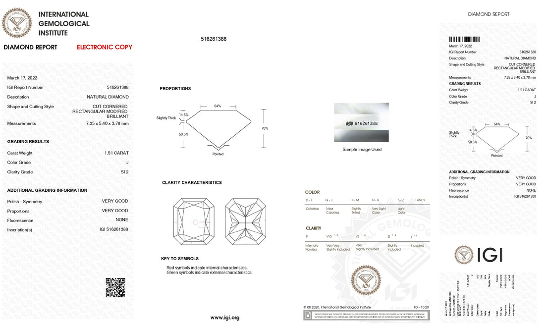 1.51ct Radiant Brilliant Cut SI2 Clarity J Color Natural Diamond.