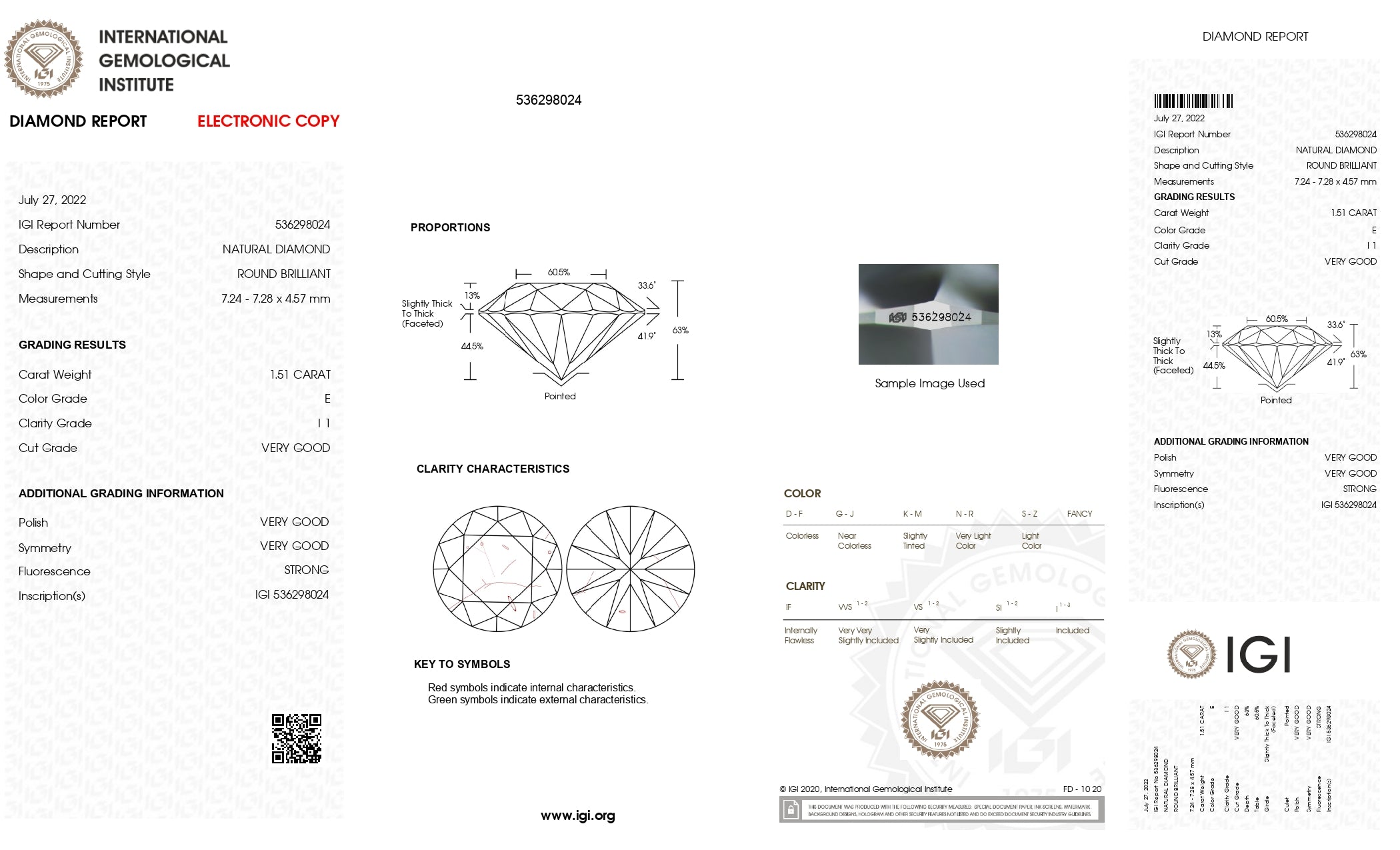 1.51ct Round Brilliant Cut I1 Clarity E Color Natural Diamond.