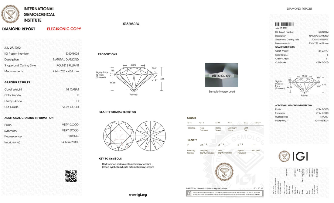 1.51ct Round Brilliant Cut I1 Clarity E Color Natural Diamond.