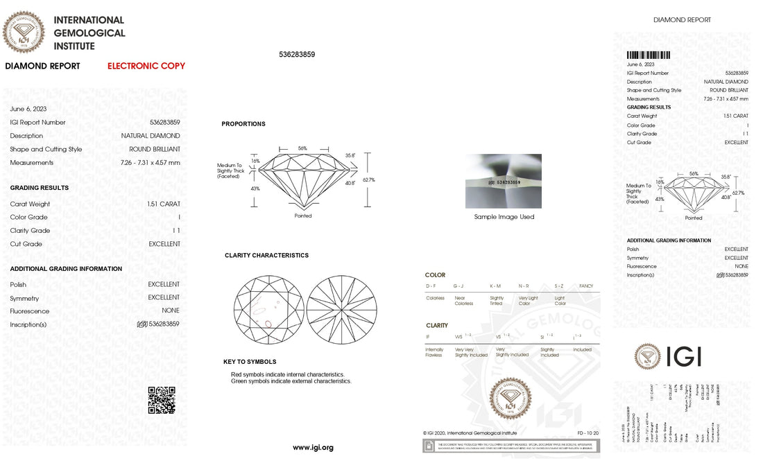 1.51ct Round Brilliant Cut I1 Clarity I Color Natural Diamond.